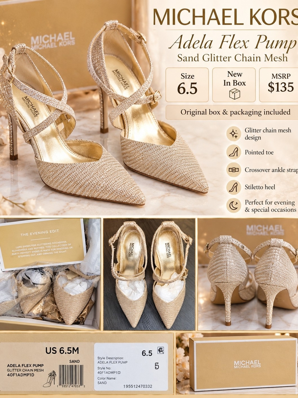 Michael Kors Adela Flex Pump Sand Glitter Chain Mesh Heels Size 6.5 NIB